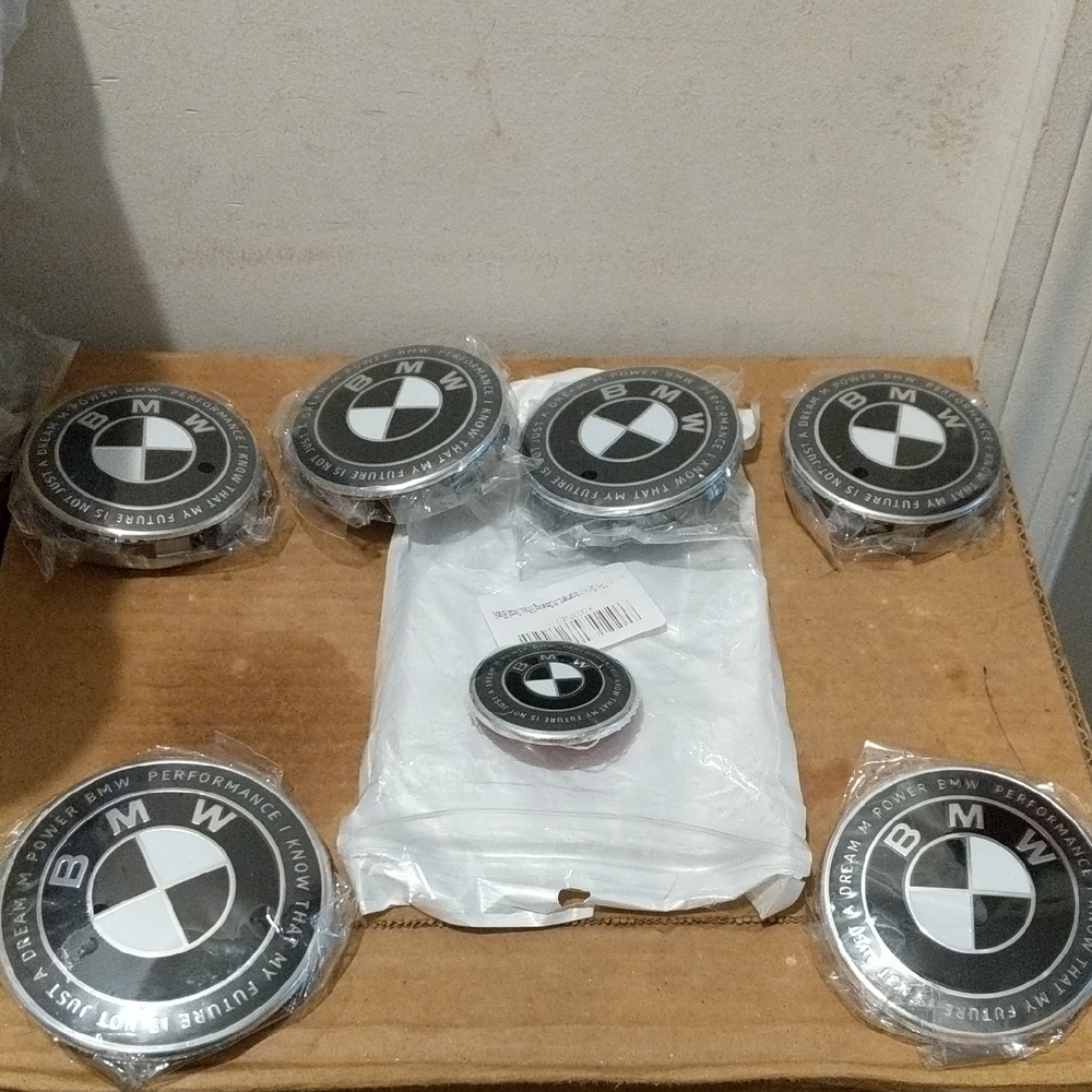 BMW Black & Silver Emblems Wheel Center Caps, Front Back Emblems, Steering Wheel